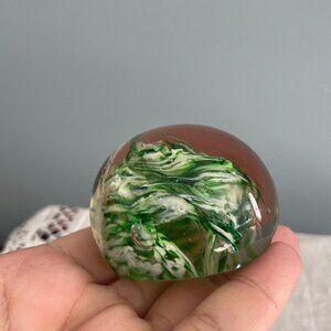 Green White Swirl Paperweight Bubbles Art Glass 2.5" Vintage